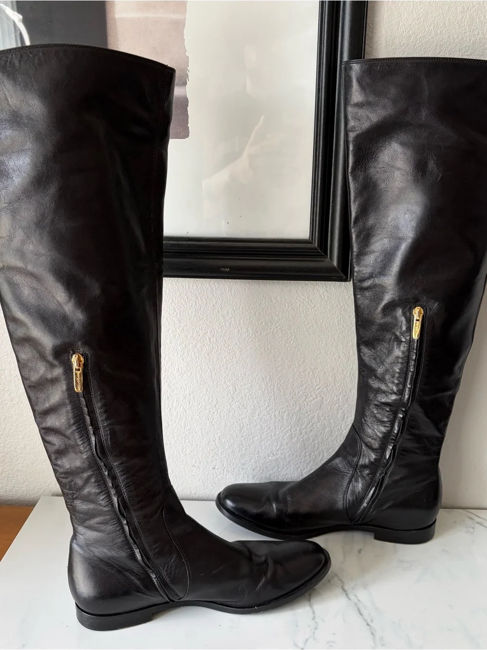 Sergio Rossi Black Leather Over the Knee Boots Side Zip Round Toe w7.5